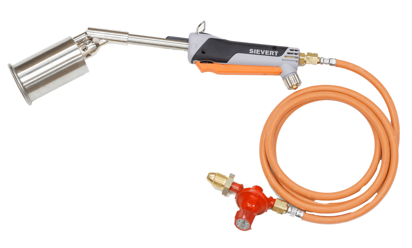 Image of a Sievert blowtorch with a orange hose and red regulator. This is a professional torch kit that we supply to all of our large customers