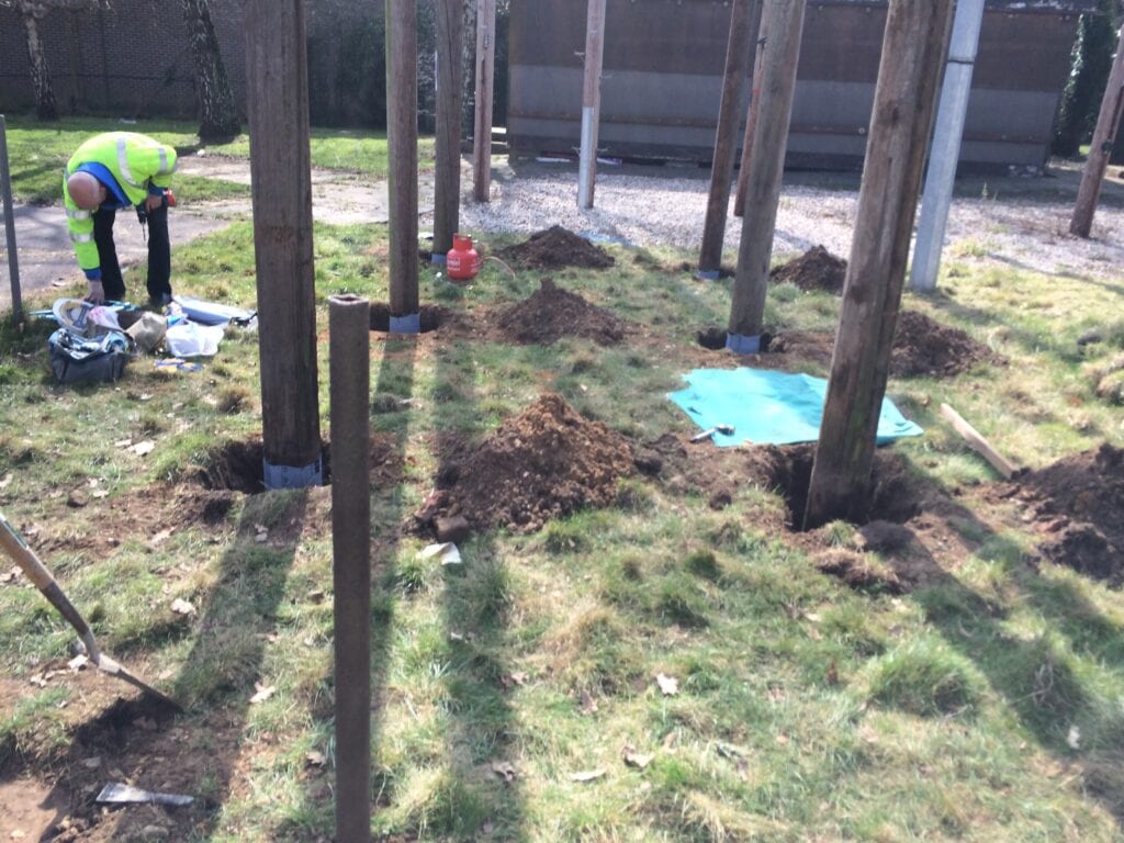 British Telecom/Open reach Polesaver test site showing the installation of Polesaver protected samples and non protected samples